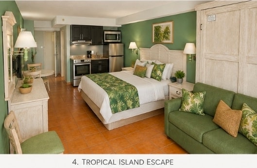 Tropical Xscape studio living area and kitchenette