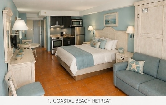 Coastal Retreat studio living area and kitchenette