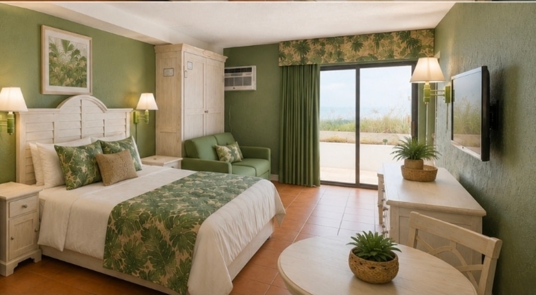 Tropical Xscape bedroom with ocean-view balcony